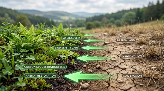 Ecological restoration concept showing soil recovery and biodiversity gain against arid land degradation with green arrows illustrating environmental sustainability
