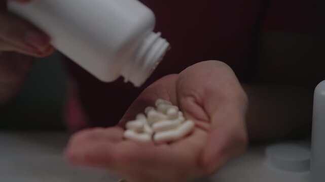 Person pours large quantity of white capsules from container into open palm, filling it completely, concept of medication overdose, addiction, or drug abuse, close-up, slow motion.