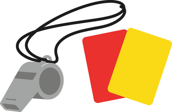 Referee whistle and red yellow cards.