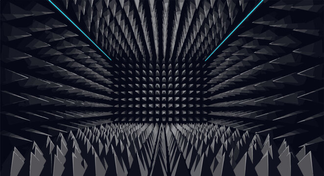 Abstract dark geometric tunnel with glowing cyan streaks