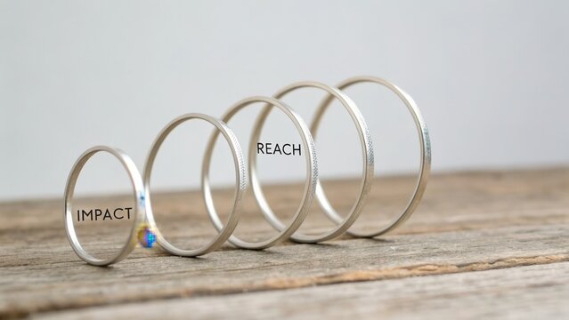 A series of five silver bangles on a wooden surface