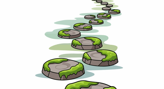 A winding path of mossy stepping stones in a tranquil green landscape