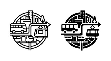 Fototapeta premium transportation-themed vector set featuring buses and trains on circular background with cityscape elements