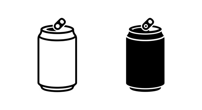set of two black and white vector silhouettes depicting an open soda can with pull tab in different orientations