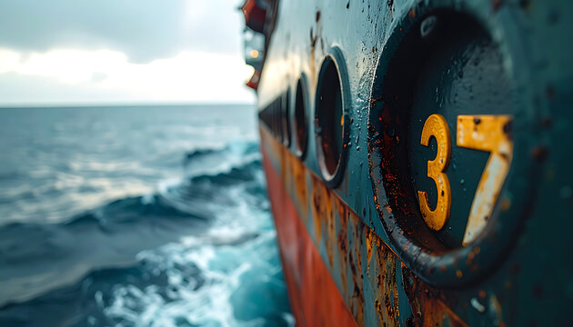 Close-up of a weathered ship hull with the number 37 visible, sailing on a choppy sea under a cloudy sky, evoking a sense of maritime journey and industrial texture