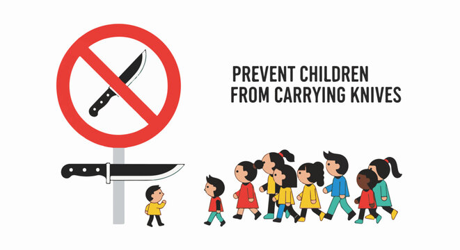 A warning sign against carrying knives, with children walking past
