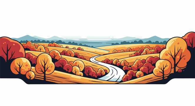 A winding road through a golden autumn landscape with rolling hills
