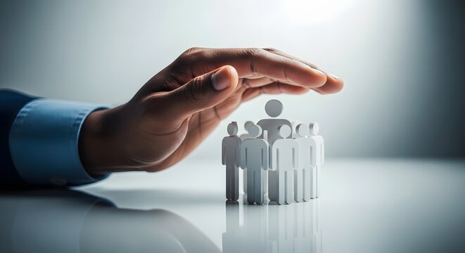 Hand reaching out to small group of people figures
