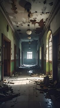 Abandoned dilapidated hallway with debris.