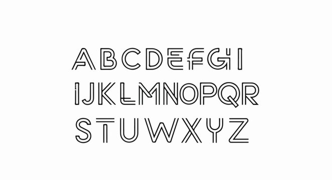 A stylized, outlined alphabet presented in three rows on a white background