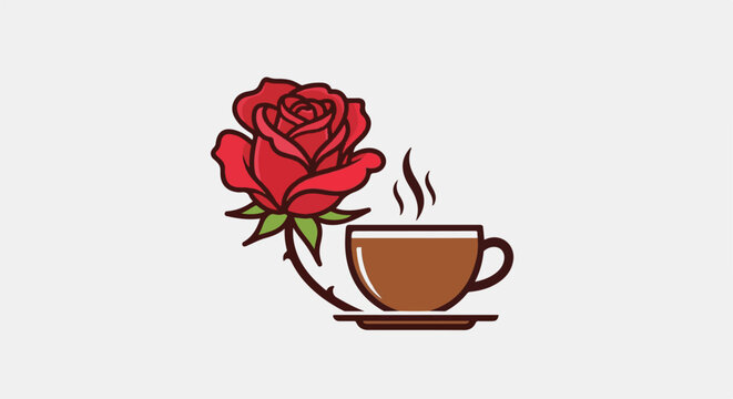 A stylized red rose gracefully entwined with a steaming cup of coffee