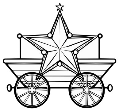 Black and white illustration of an antique wagon with a large star