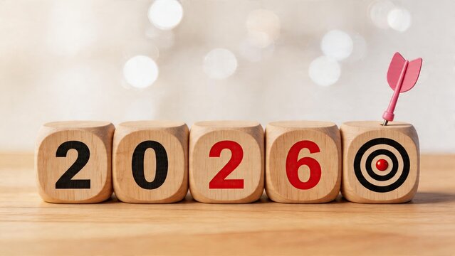Business goal setting concept for future success in 2026 wooden cubes with target symbol and dart arrow on light bokeh background