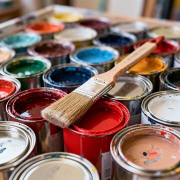 Close up of paint cans and a brush