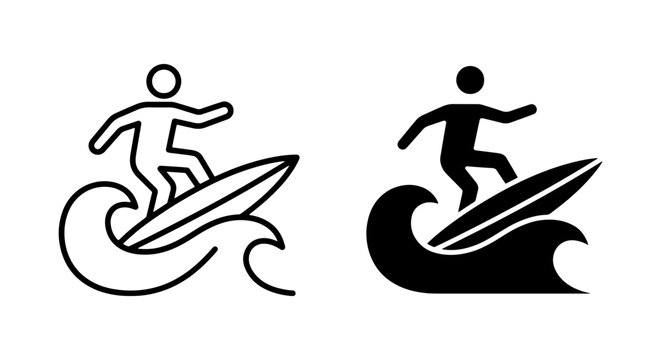 black and white vector surfing icons set on white background