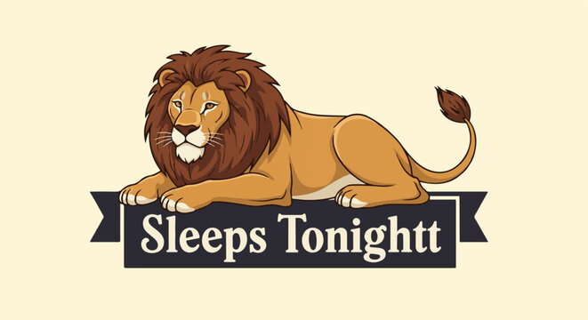A stylized lion rests on a banner with text on a pale yellow background