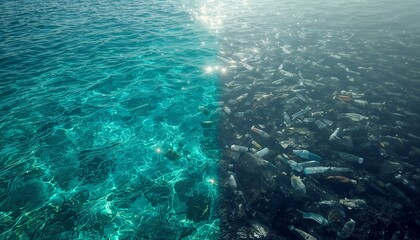 Fototapeta premium Ocean Pollution Contrast: Pristine Waters vs Plastic Waste Crisis