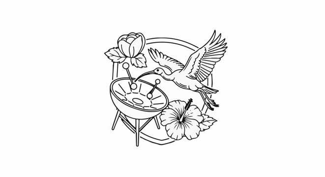 A stylized drawing depicts a bird in flight near a drum and tropical flowers