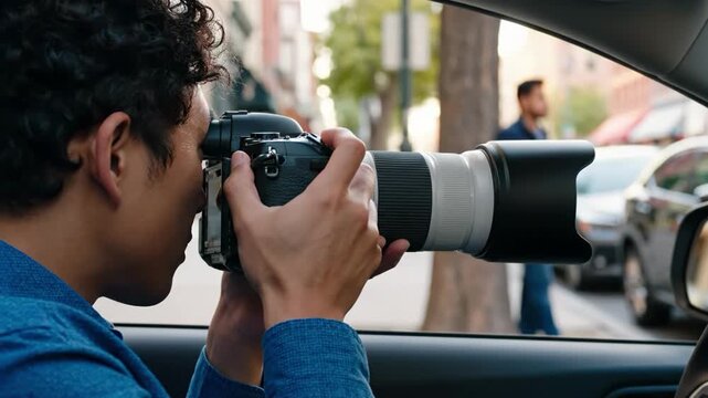 Man taking photo with camera from inside a car on a city street