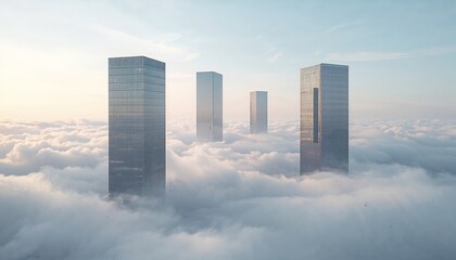 Fototapeta premium Floating Modern Skyscrapers Above Clouds in Minimalist Surreal Scene
