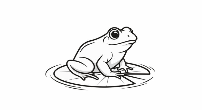 A stylized black and white illustration of a frog sitting on a lily pad