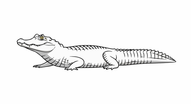 A white crocodile with yellow eyes and a long, scaly tail