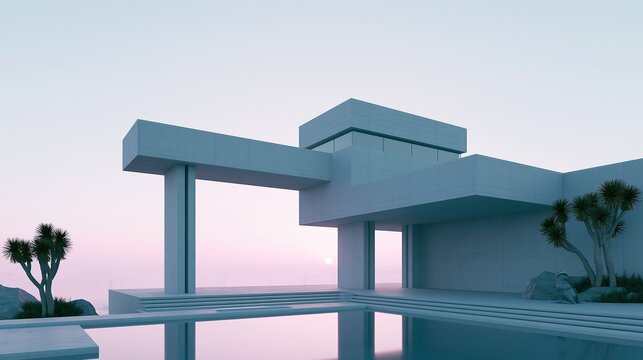 Minimalist modern concrete mansion with geometric open frame design by calm reflecting pool under soft pink sunset sky with desert palm trees