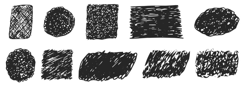 Scribble sketch crayon texture, sketch. Expressive hand drawn inky crosshatch stains and blobs. Grunge box frame set, dripping drops, torn paper, graffiti elements. Pencil squiggles, scribbles