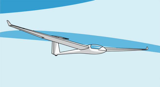 A white glider airplane soars through a bright blue sky with abstract blue wavy lines