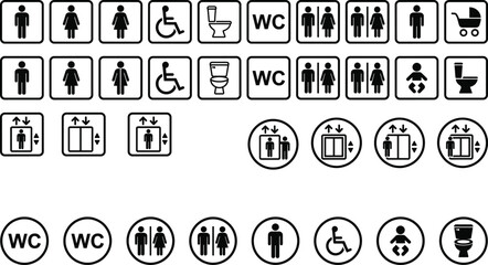 Universal restroom and accessibility icons set including toilet WC elevator wheelchair baby symbols signage collection vector style © Niheranjan