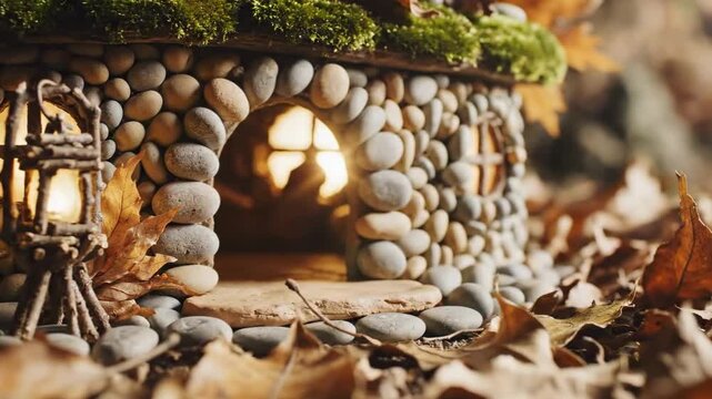 Autumn mouse house made from smooth river stones with mossy roof, glowing twig lantern, tiny arched doorway, dry leaves, and warm shallow focus for a cozy miniature forest cottage scene and soft glow