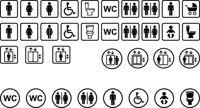 Universal restroom and accessibility icons set including toilet WC elevator wheelchair baby symbols signage collection vector style
