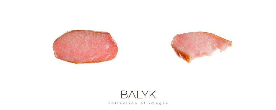 Smoked meat balyk on white background. Fresh delicious meat isolated on white background.