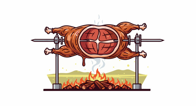 A whole chicken is roasted over an open fire on a rotisserie spit