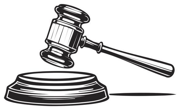 Justice Gavel striking Sounding Block Legal Judgment Symbol Isolated Black and White Graphic