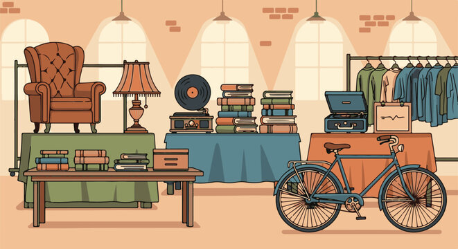 A vintage collection of items including a bicycle, armchair, and old electronics