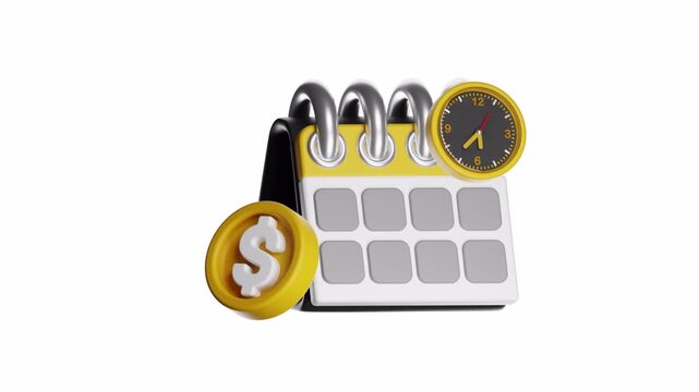 3d ux icon motion calendar and clock with a dollar sign capturing time and money concept for financial planners, business presentations, and articles.