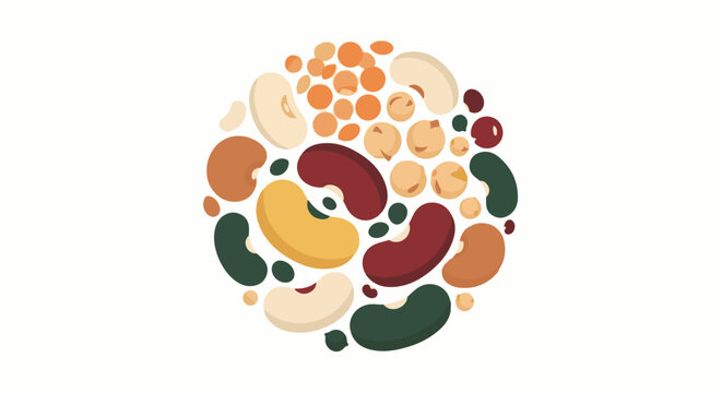 A vibrant, abstract arrangement of diverse legumes forms a circular pattern