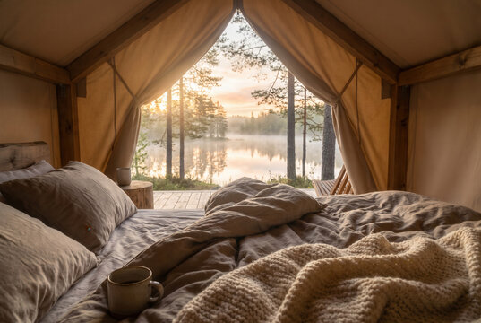 A rumpled bed and warm blanket face a quiet lake through an open tent for a cozy digital detox morning in nature.