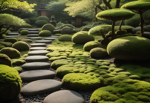 苔むした飛び石と緑の庭の静かな小径
