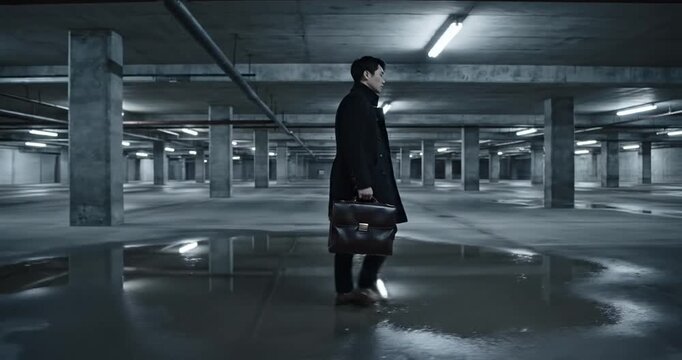 Man Walking Through Dimly Lit Parking Garage.