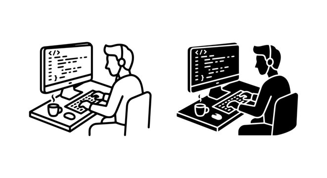 Programmer at Computer, Coding Icon Set, Software Development Vector Graphics