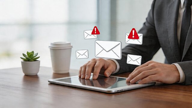 Businessman using tablet digital envelope notifications floating urgent email alerts with red warning symbols office workspace desk setup modern corporate environment technology
