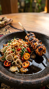 Sambal Matah Macro Close-Up with Sate Plecing, Fresh Balinese Condiment Texture Detail