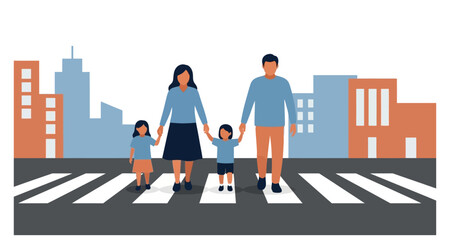 Family crossing street in city flat vector illustration on transparent background © MD