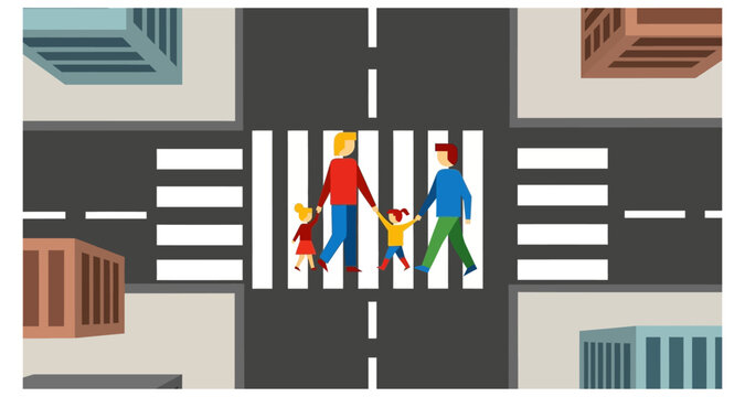 People crossing street at zebra crossing on transparent background