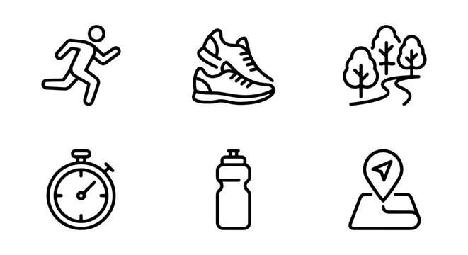 vector set of running and fitness symbols including shoe water bottle timer trail marker map pin person with profile
