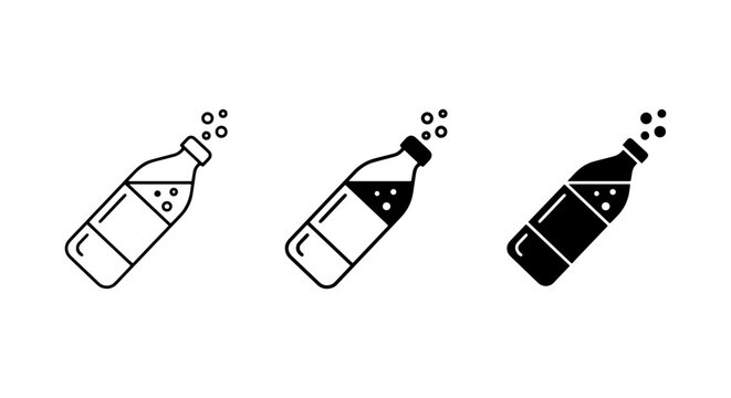 set of three black and white vector icons representing different styles of a soda bottle with bubbles coming out