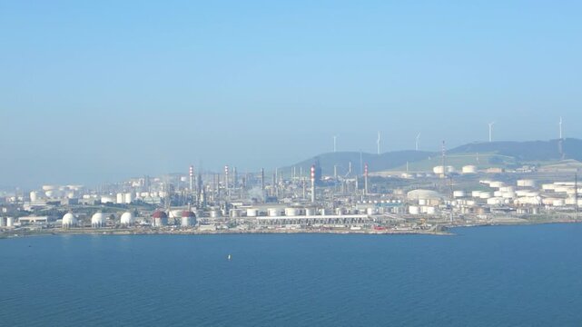 Aerial View of Large Industrial Oil Refinery and Petrochemical Plants in Aliaga, Izmir - Heavy Industry and Energy Sector Infrastructure - 4K. High quality 4k footage