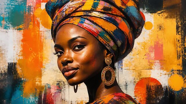 Vibrant Portrait of Woman with Colorful Headwrap and Bold Abstract Background in Artistic Style